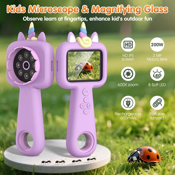 Kids Microscope, 2.4" Screen Handheld Digital Microscope 600X with 4K Camera & 8 LED Lights, Portable Pocket Microscope for Bugs Plants Nature Exploration, STEM Science Toy Gift Ages 3-12（Purple） - Image 4