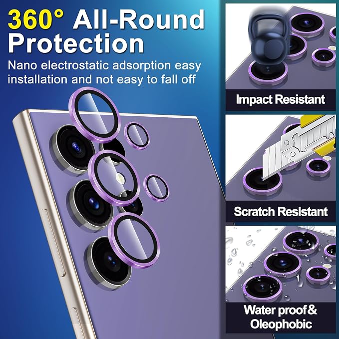 for Samsung Galaxy S24 Ultra Camera Lens Protector, Individual Metal Ring Tempered Glass Lens Cover, [Strong Adsorption] Scratch Resistant Ultra-Thin HD Clear Lens Cover, 1 Set-Purple - Image 3