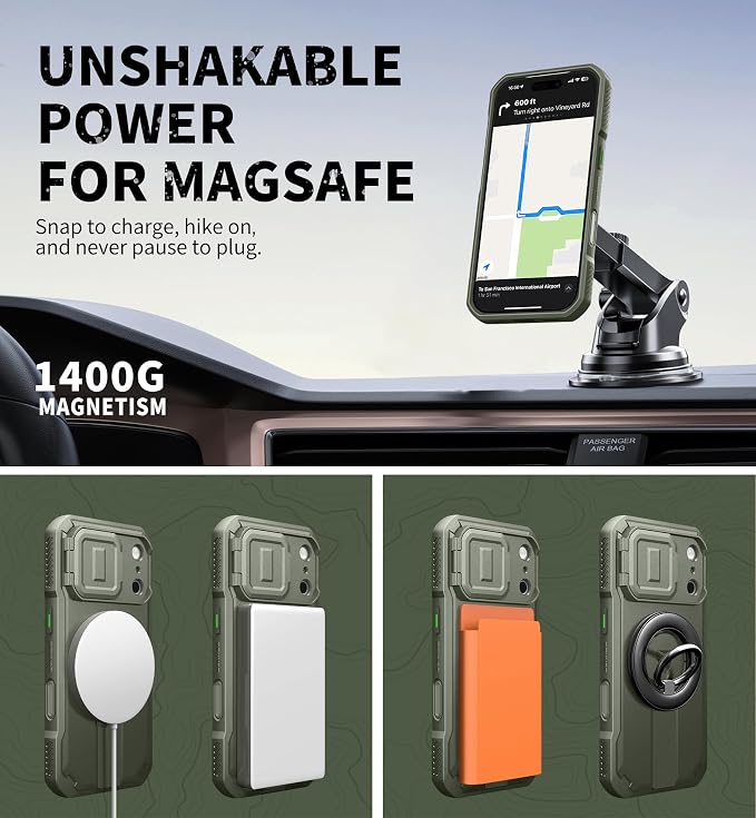 Dexnor for iPhone 17 Pro Case, [Built-in Flip Camera Cover & Camera Control Cover & Kickstand], Compatible with MagSafe, Heavy-Duty Rugged Shockproof Magnetic Phone Cover, 6.3 inch Army Green - Image 7