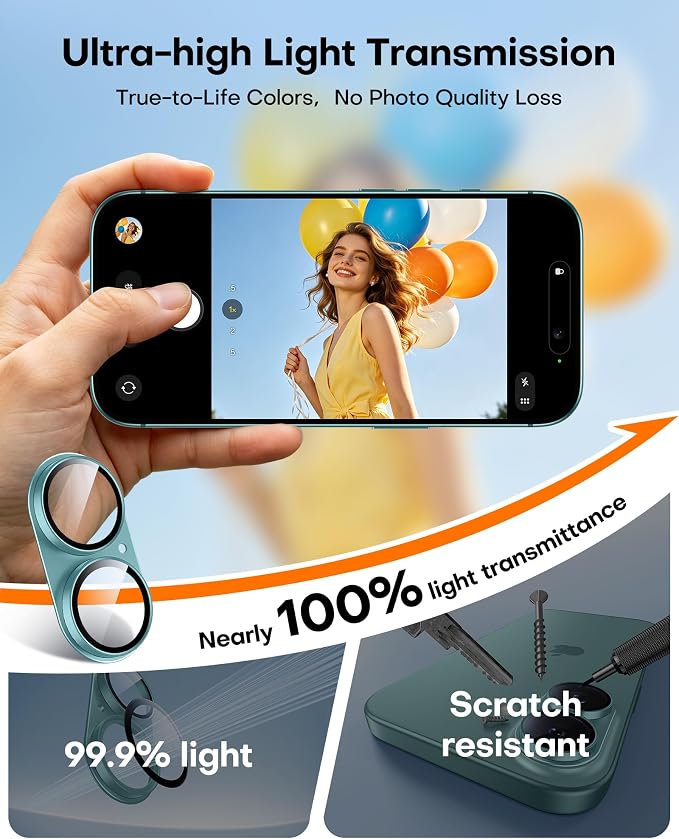 TAURI 2 Pack for iPhone 16/iPhone 16 Plus Camera Lens Protector, Teal | Full Coverage Military-Grade Shatterproof, Upgrade AR Anti-Reflection Ultra Clear Transmission & Case Friendly - Image 5