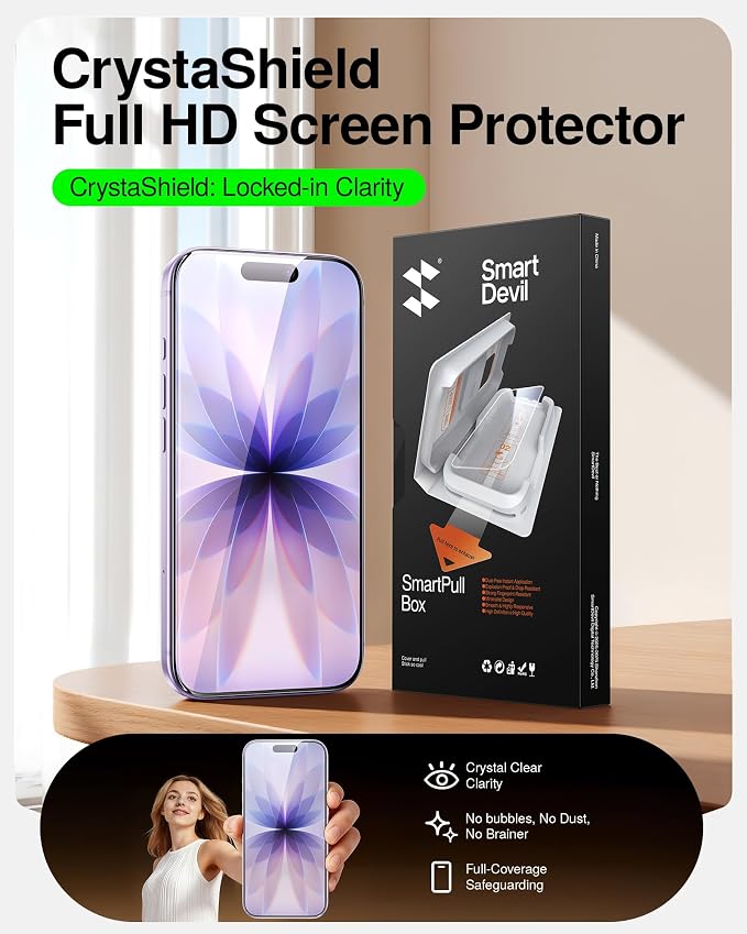 SMARTDEVIL 2 Pack Tempered Glass Screen Protector for iPhone 17 | SmartPull Box Bubble-Free Instant Install Applicator, 9H Military-Grade Protection, Case-Friendly - Image 2