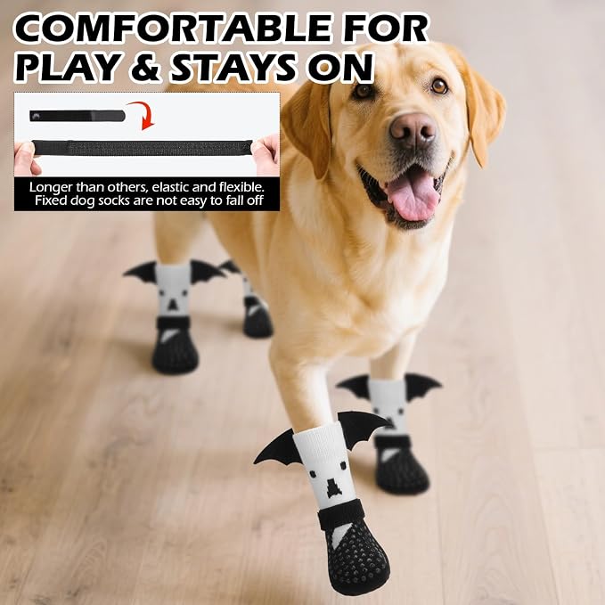 EXPAWLORER Halloween Anti Slip Dog Socks to Prevent Licking Paws, Boots & Paw Protectors with Grippers,Doggie Booties for Hardwood Floors for Small Medium Large Senior Dogs Costume White Ghost Wings L - Image 7
