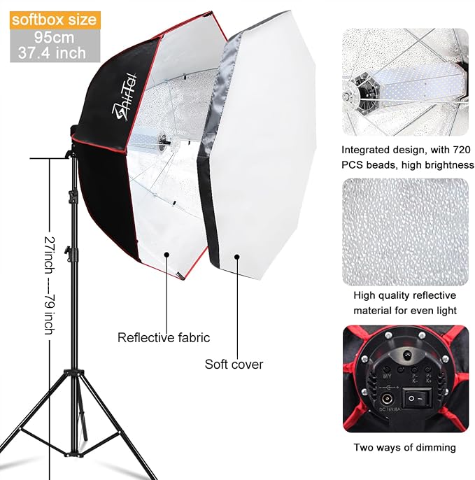 Softbox Lighting Kit,37" Octangle Softbox Photography Lighting Kit with 110W 2700-6500K 11000Lux Dimmable LED Prismatic Lamp and Remote Control,Photo Studio Soft Box Lights for Video Recording - Image 5