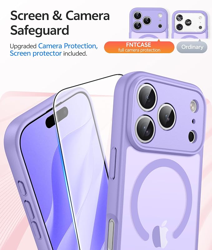 FNTCASE for iPhone 17 Pro Case, Fit for Magsafe, Screen Protector | Full Camera Protection, Translucent Matte, 14FT Military Grade Drop Proof, Shockproof Protective Phone Cover,Light Purple - Image 4