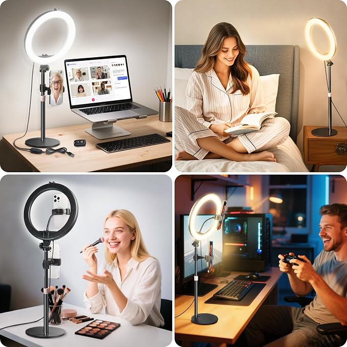 MACTREM 10“ Desk Ring Light with Stand, Desktop LED Circle Halo Light with Phone Holder for Computer Zoom Meeting, Laptop Light for Conference Video Calls, Live Streaming, Podcast, Selfie, Makeup - Image 2