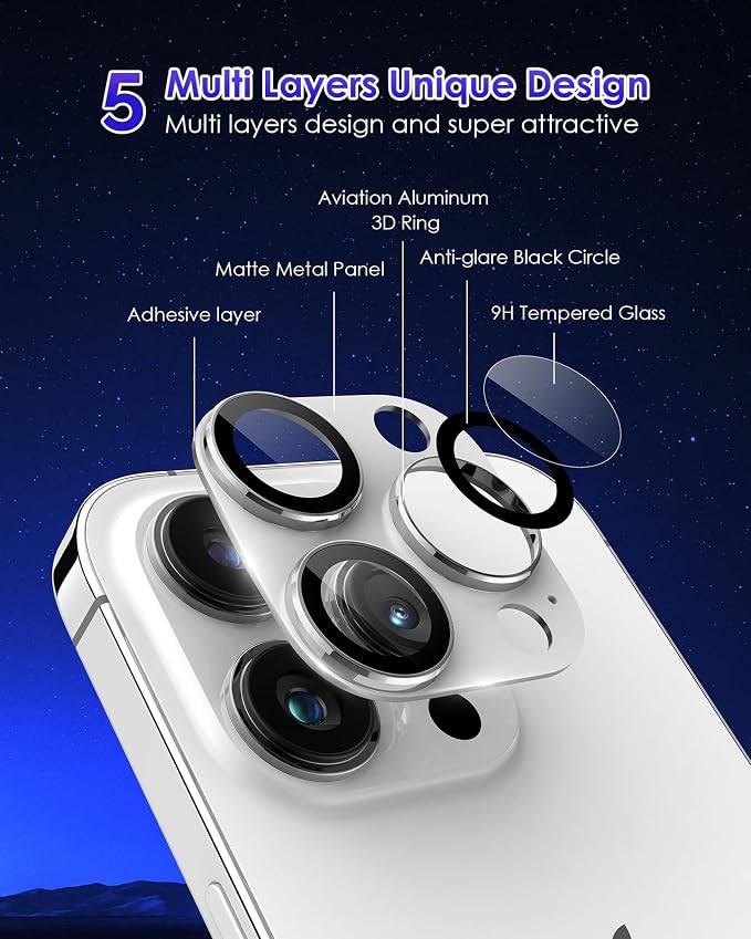 Compatible for iPhone 15 Pro/iPhone 15 Pro Max Camera Lens Protector [Full Coverage Metal] 9H Tempered Glass Screen Camera Cover Titanium Silver - Image 3