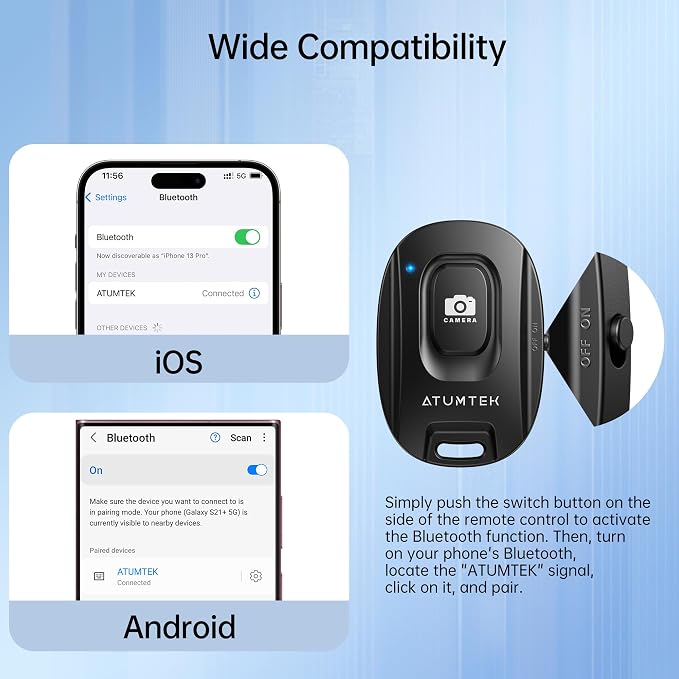 ATUMTEK Camera Remote Shutter for iPhone and Android Smartphones (2 Pack), Wireless Phone Remote Control Selfie Button for Photos and Videos (Bluetooth 5.2), Wrist Strap Included, Black & White - Image 6