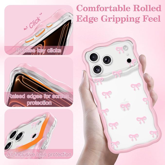 QLTYPRI for iPhone 17 Pro Max Pink Bow Case, Clear Cute Pink Ribbon Bow Phone Case Curly Wavy Aesthetic Phone Cover, Soft Slim Transparent TPU Shockproof Protective Cover for Women Girls - Tiny Bow - Image 3