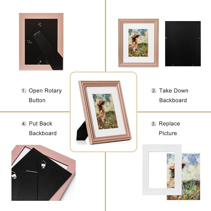 8x10 Picture Frame in Pink with Classic Rope Edge, Solid Wood with Real Glass, Display 8x10 Photos Matted to 5x7, Vertical and Horizontal Desk Tabletop or Wall Hanging - Image 9
