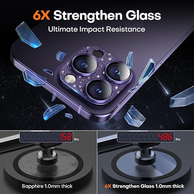Camera Lens Protector for iPhone 16/15/14 Pro Max & 16/15/14 Pro | Glitter Purple, Aluminum Alloy, 9H+ Glass Camera Cover, Nano Reinforced Adhesive, Anti-Drop, Anti-Scratch, Case Friendly - Image 6