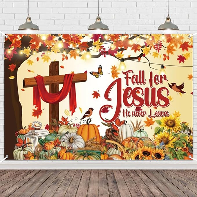 Thanksgiving Banner 12x8ft Polyester Fall for Jesus He Never Leaves Banner Outdoor Happy Thanksgiving Backdrop Fall Decorations for Party Pumpkin Patch Backdrop - Image 5