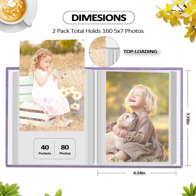 Popotop 2 Pack Photo Album 5x7 Pictures, Small Linen Slip-in Photo Albums Book for 80 Photos with 40 Pockets, Birthday Gifts for Women Mom Family Baby - Image 2
