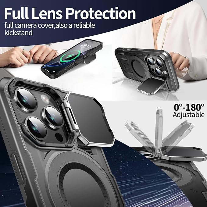 Camera Stand Case for iPhone 16 Pro, [Compatible with MagSafe] [Lens Cover] 2024 Version Military Grade Protective Soft Case for iPhone 16 Pro 6.3 inch Men Women, Black - Image 3