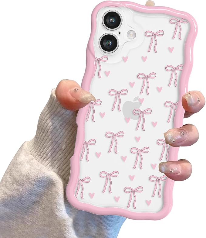 QLTYPRI for iPhone 17 Pink Bow Case, Clear Cute Pink Ribbon Bow Phone Case Curly Wavy Aesthetic Phone Cover, Soft Slim Transparent TPU Shockproof Protective Cover for Women Girls - Love Bow - Image 7