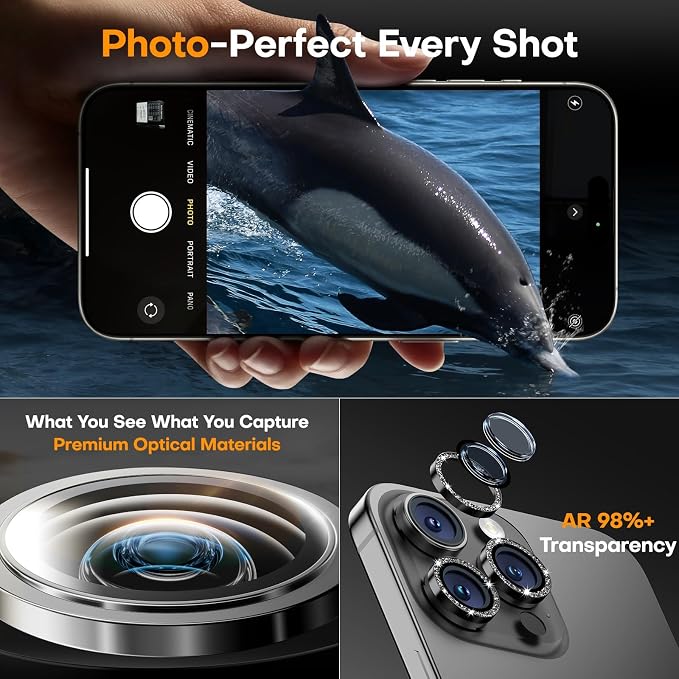 Camera Lens Protector for iPhone 15 Pro Max/15 Pro- Glitter Black | 9H Tempered Glass, Metal Individual Camera Cover, Accessories, Anti-drop, Case Friendly, HD Clear, Anti-Scratch - Image 4