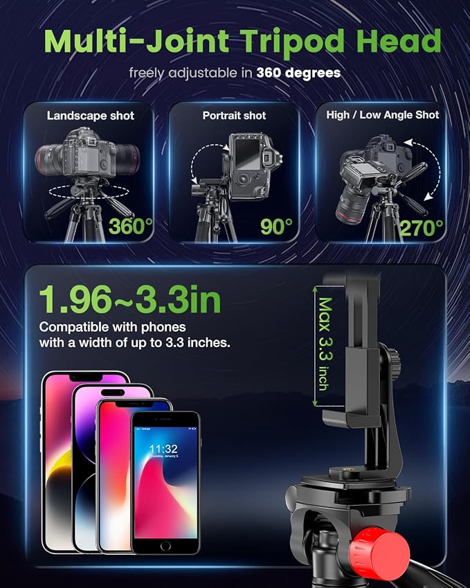 CAMBOFOTO 74"-Camera-Tripod, Porfessional Aluminum Heavy Duty Tripod Stand for Mirrorless Camera/DSLR/Cell Phone/Camcorder, with Holder and Travel Bag | Heavy‐Duty Tripod Stand for DSLR & Mirrorless Cameras/Smartphones/GoPro, with 360° Pan Head/Phone M... - Image 5