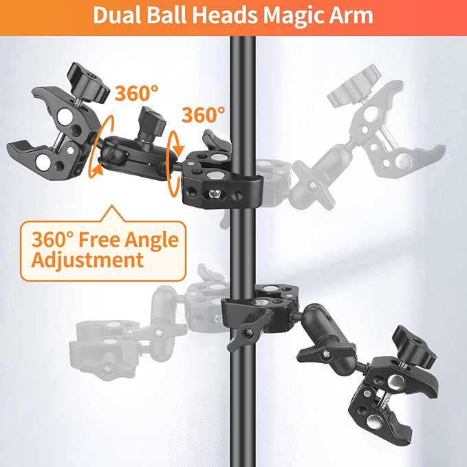 Double Super Clamp Camera Mount, Umbrella Holder w/ 360° Ballhead | Aluminum, silicone pads, grips 0.5-2.3" rods, flat 0-1.97", 1/4" thread, 3" arm, for bike, stroller, light stand, reflector - Image 4