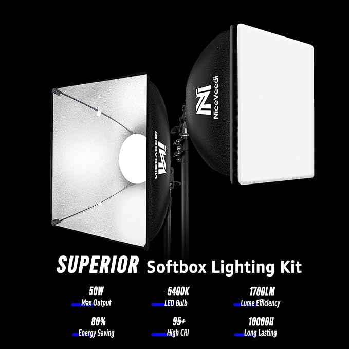 Softbox Lighting Kit, NiceVeedi 2-Pack 16'' x 16'' Softbox Photography Lighting Kit with 63” Tripod Stand & 5400K 450W Equivalent LED Bulb, Continuous Lighting for Photography/Video Record - Image 2