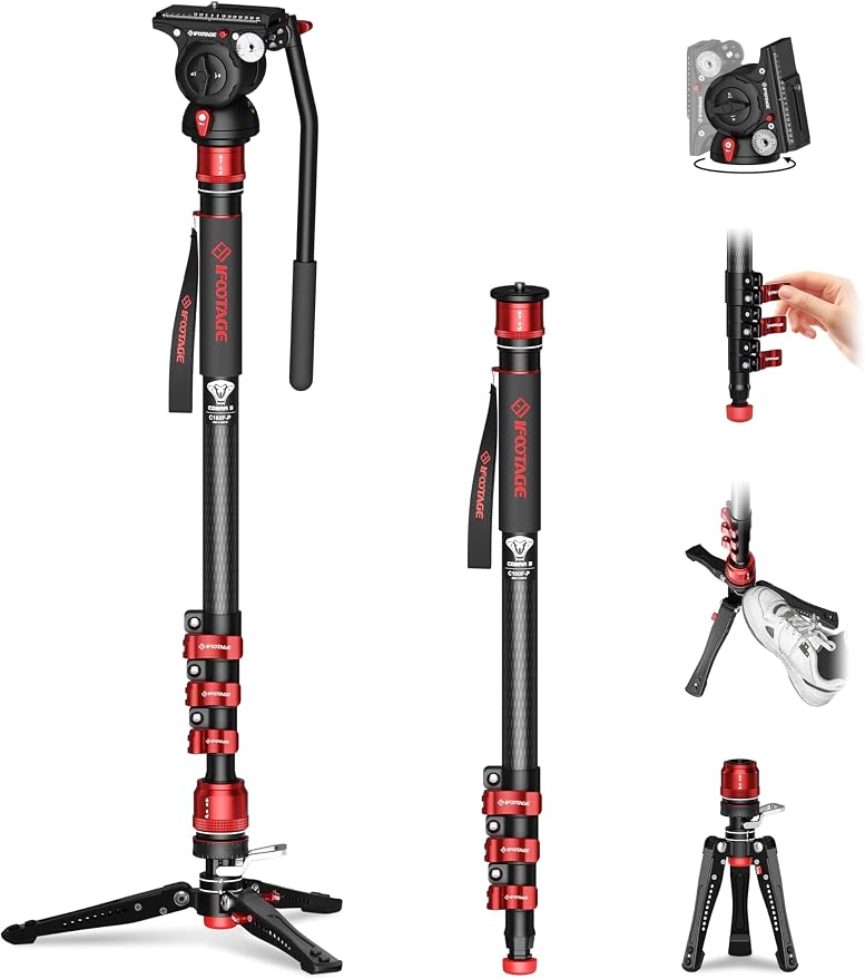 IFOOTAGE Cobra 3 C180F-P + K5S Fluid Head Carbon Fiber Monopod | Monopod with Feet for DSLR Cameras Canon Nikon Sony Olympus Panasonic, Maximum Height 71", Payload 17.64Lbs/8KG by IFOOTAGE