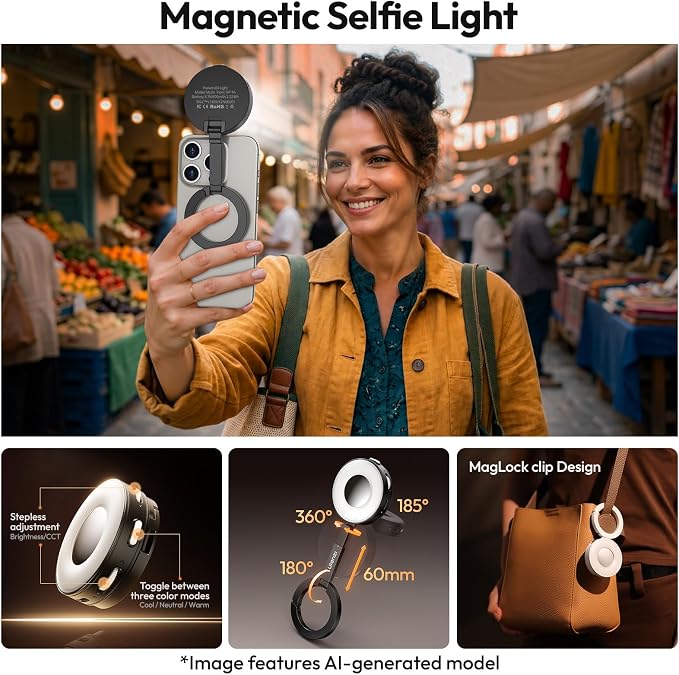 Ulanzi ML05 Magnetic Selfie Light, Mini Phone Light for iPhone Magsafe | 2500K-9000K Bi-color, Mirror & Phone Stand & Fill Lighting 3 in 1, For Selfies/TikTok/Zoom Call/Video Conference/YouTube - Image 2
