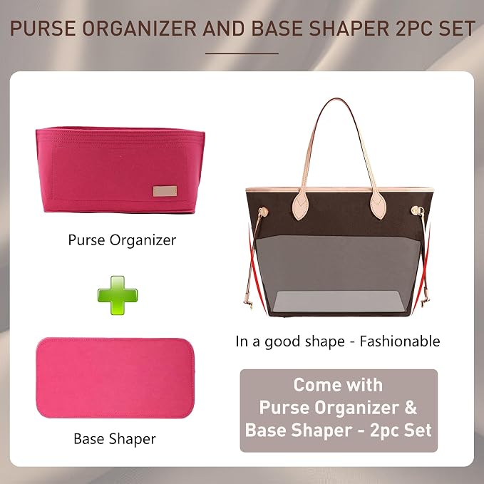 Doxo Purse Organizer Insert for Handbags & Base Shaper 2pc Set, Felt Neverfull MM Organizer Insert, Tote Bag Organizer with Zipper Pocket and Bottle Holder, Fit Speedy 30 Neverfull MM and More,Rose-L - Image 3