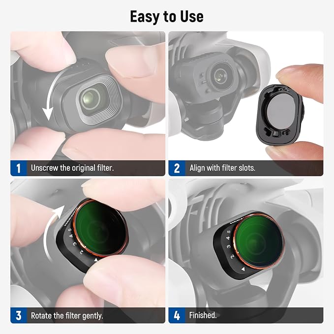 NEEWER Variable ND Filter Set Compatible with DJI Mini 4 Pro, ND2-32 (1-5 Stops) + ND64-512 (6-9 Stops) Multicoated HD Optical Glass Drone Camera Lens Accessories Aerial Photography Video Recording - Image 8