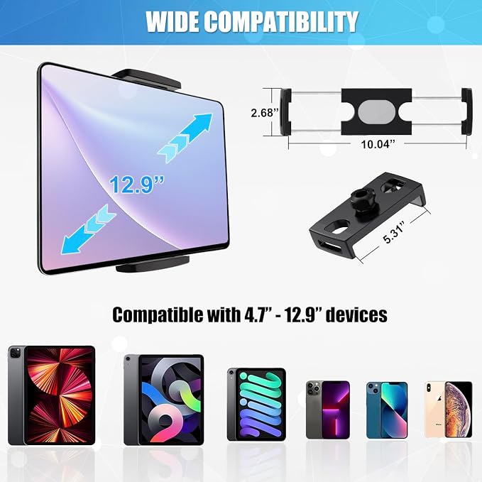Mic Stand Tablet Holder, 360° Swivel iPad Mic Stand Holder Phone iPad Holder for Mic Stand/ Treadmill/ Spin Bike/ Peloton Exercise Bike Handlebar Mount, Fits 4-12.9" iPad, iPhone, Android Smartphones - Image 6