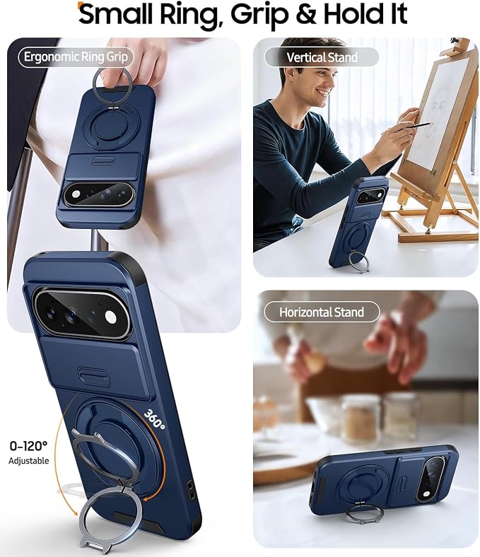 JAME for Google Pixel 10/10 Pro/11/11 Pro Case, Stand & Slide Camera Cover | Ring Holder Kickstand, Screen Protectors, Dual-Layer Shockproof Protective, Magnetic Accessory Friendly Phone Case, Blue - Image 3