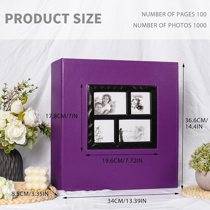 RECUTMS Photo Album 4x6 1000 Photos Leather Large Family Baby Albums Purple | Extra Large Capacity, Black Page, Horizontal and Vertical Pockets, Travel Wedding Anniversary Pictures Book, DIY Cover Window - Image 2
