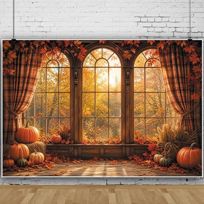 Autumn Fall Window Backdrop 8x6ft Rustic Wooden Arched Window with Pumpkin Maple Leaves Thanksgiving Harvest Photo Background for Party Decor Portrait Photography Booth Props Vinyl by Leowefowa