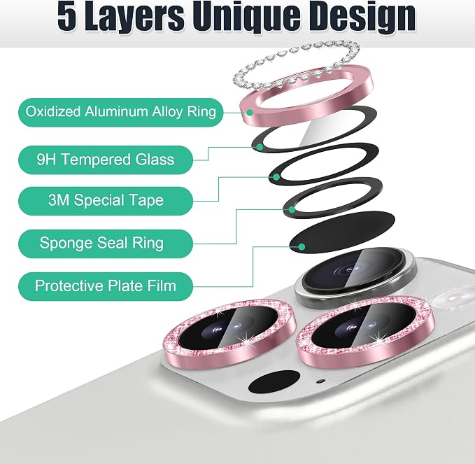 AGVEE 3+3 6 Pack for iPhone 16 Pro & Max Camera Lens Protector Cover | Individual Bling Diamond & Bling Glitter Sparkle Cute Gem Metal Ring, 9H Tempered HD Glass - Image 7