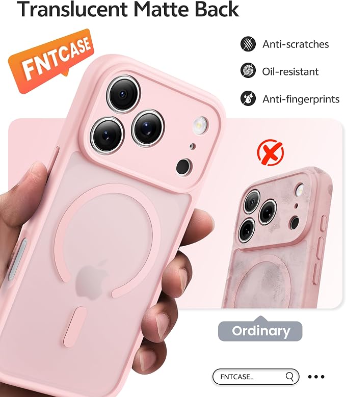 FNTCASE for iPhone 17 Pro Case, Fit for Magsafe, Screen Protector | Full Camera Protection, Translucent Matte, 14FT Military Grade Drop Proof, Shockproof Protective Phone Cover, Light Pink - Image 7