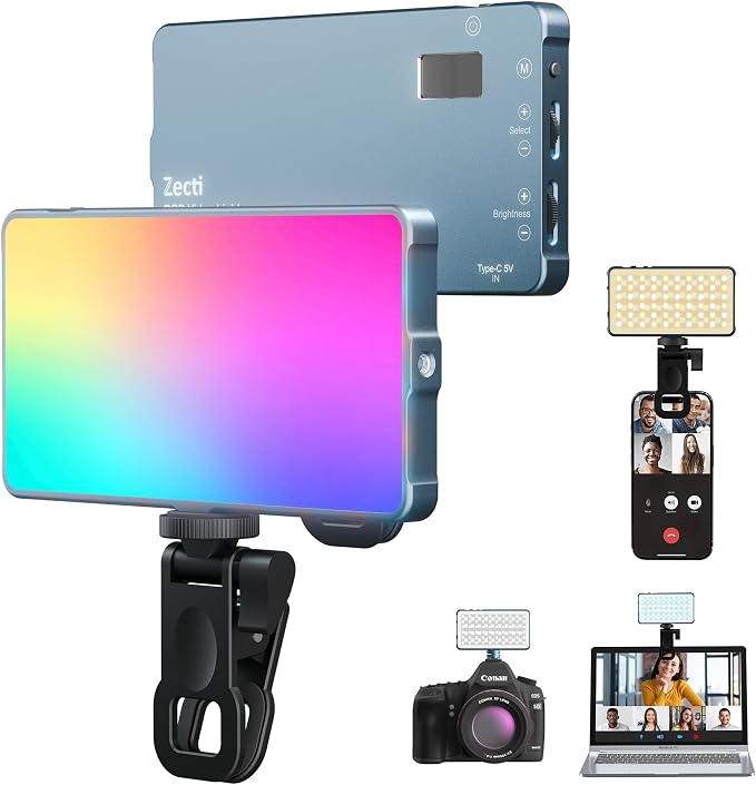 Selfie Light, 96 LED Phone Light with Metal Hotshoe & Clip, Rechargeable 2500K-8000K 360° Full Color 21 Scenes RGB Video Light for Phones, iPhone, Laptops, Cameras, Vlog, TikTok, Gifts for Women & Mom | CRI 96+ 2500K-8000K Rechargeable Full Color 21 Sc... by Zecti