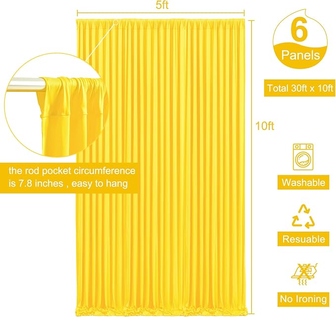 6 Panels Yellow Backdrop Curtain for Parties Wrinkle Free Lemon Yellow Photo Curtains Backdrop Drapes Fabric Decoration for Birthday Party Wedding Baby Shower 30ft(W) x 10ft(H) - Image 5