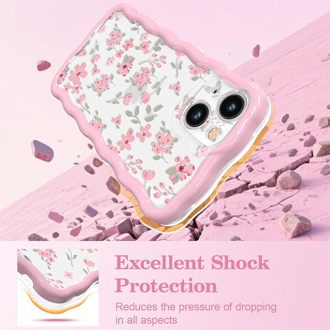 QLTYPRI for iPhone 12 Pink Flower Case, Clear Cute Pink Floral Flower Phone Case Curly Wavy Aesthetic Phone Cover, Soft Slim Transparent TPU Shockproof Protective Cover for Women Girls - Pink - Image 4