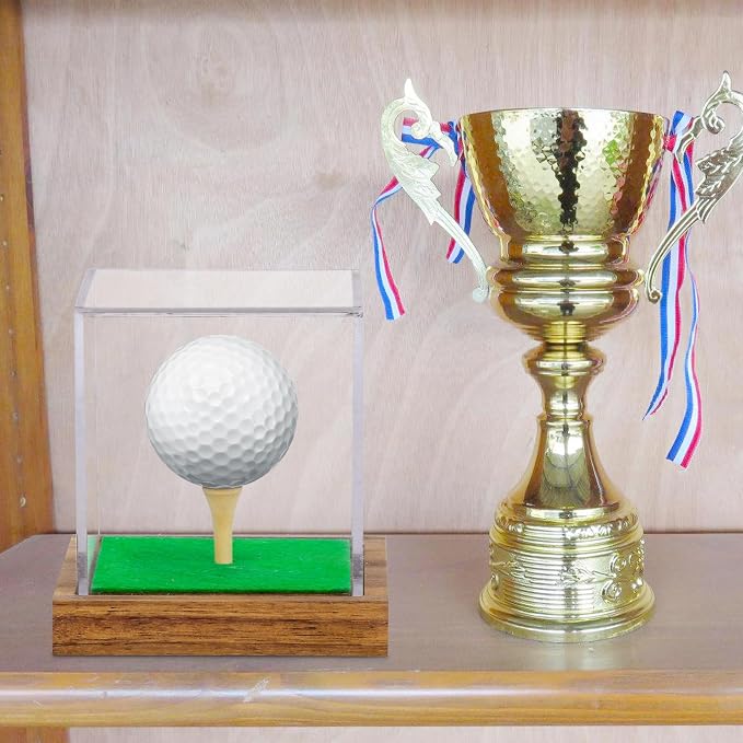 Clear Acrylic Golf Ball Display Case with Wood Base & Tee, Memorabilia Stand Cube Holder, Dust Protection Transparent Storage Box for Single Ball Souvenir Golfball Collections - Image 4