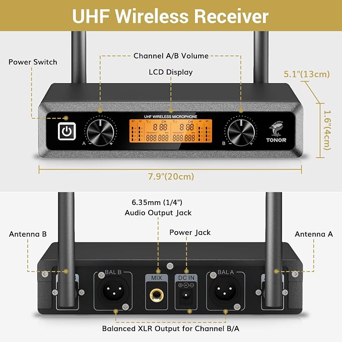 TONOR Wireless Microphones System with Metal 1 Cordless Mic and 1 Headset/Lapel/Lavalier Mic, Bodypack Transmitter, Receiver for Karaoke Church Singing Party PA Speaker, 2*15 Channels 60 m/200ft Range - Image 4
