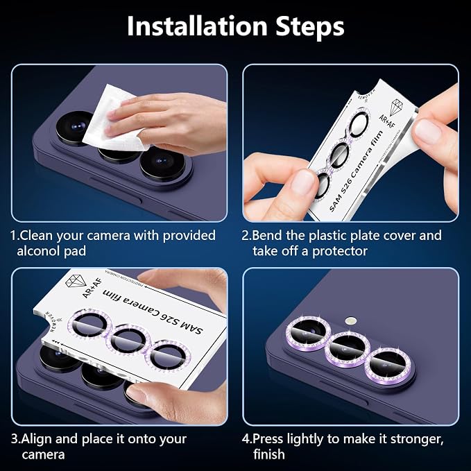 for Samsung Galaxy S26 Camera Lens Protector, Individual Metal Ring Tempered Glass Lens Cover, [Strong Adsorption] Scratch Resistant Ultra-Thin HD Clear Lens Cover, 1 Set-Purple Diamond - Image 7