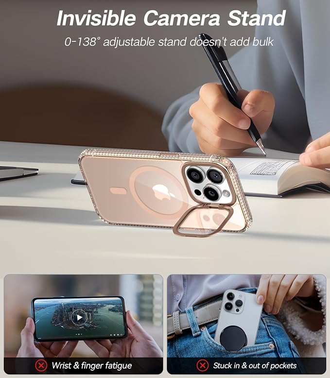 VOFATA [Upgraded] for iPhone 15 Pro Case with Camera Cover Stand [Fit for MagSafe][9H Camera Lens Protector] Mil-Grade Protection Transparent Magnetic iPhone 15 Pro Phone Case, Clear Gold - Image 3