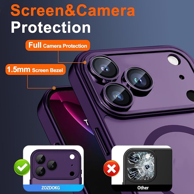 Magnetic for iPhone 17 Pro Max Case, Shockproof Phone Cover, Purple | Full Camera Protector, with Privacy Screen Protector, Compatible with MagSafe, Translucent Matte Phone Case for Women Girls - Image 6
