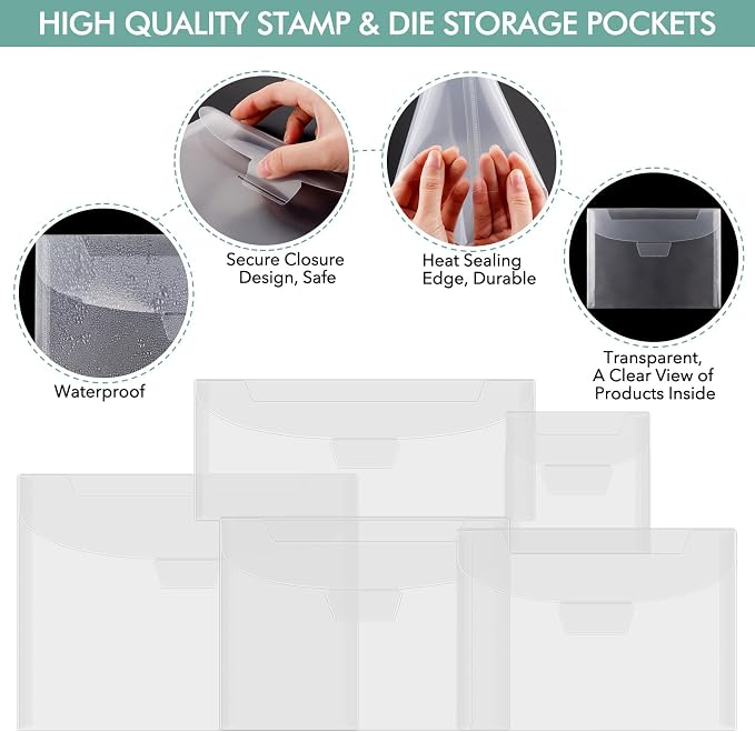 20Pieces Clear Stamp and Die Storage Pockets,48PCS Label Stickers,tamp Storage Bags, Plastic Envelopes,Scrapbooking Storage Die Cuts for Stencil Storage Card Making Cutting Dies Arts Crafts 7x5inch - Image 6