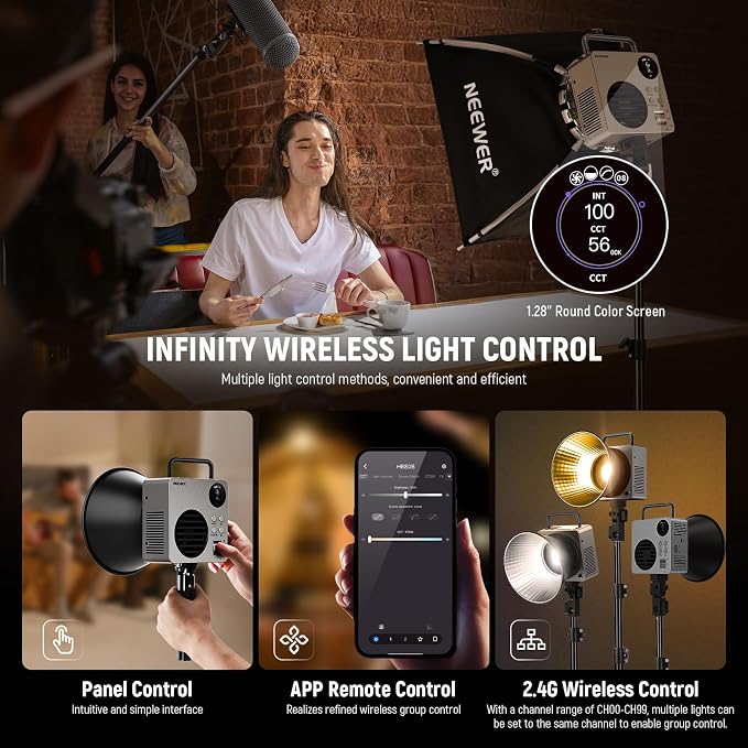 NEEWER 80W LED Video Light with 72Wh Battery & 100W PD Adapter APP/2.4G Control Portable Bi Color Mini COB Studio Continuous Output Lighting 25500lx/1m 2700-6500K 0-100% Dimming CRI95+ 13 Scene, HB80B - Image 7