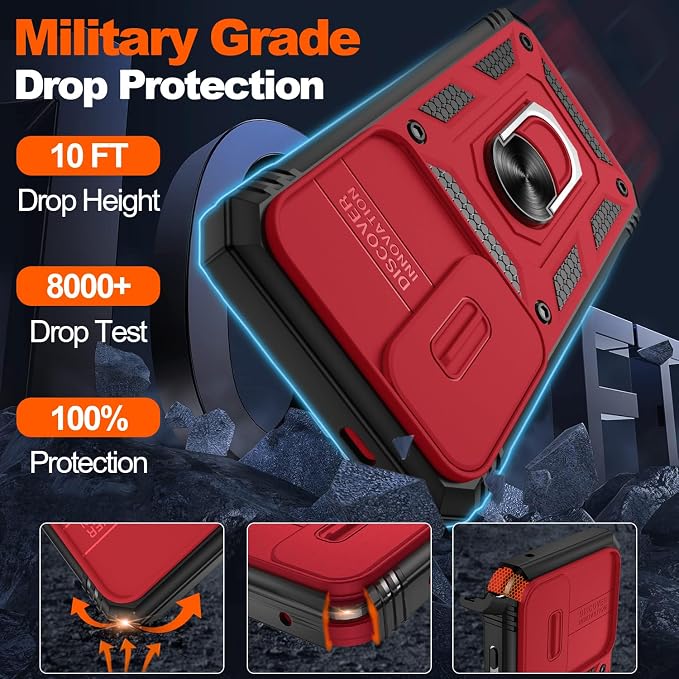Gritup for Phone Case S24: Samsung Galaxy S24 Cases with 2*Screen Protector | Magnetic Stand & Slide Camera Cover | Shock Proof Military-Grade Funda para Galaxy S 24 Cover -Red+Black - Image 3