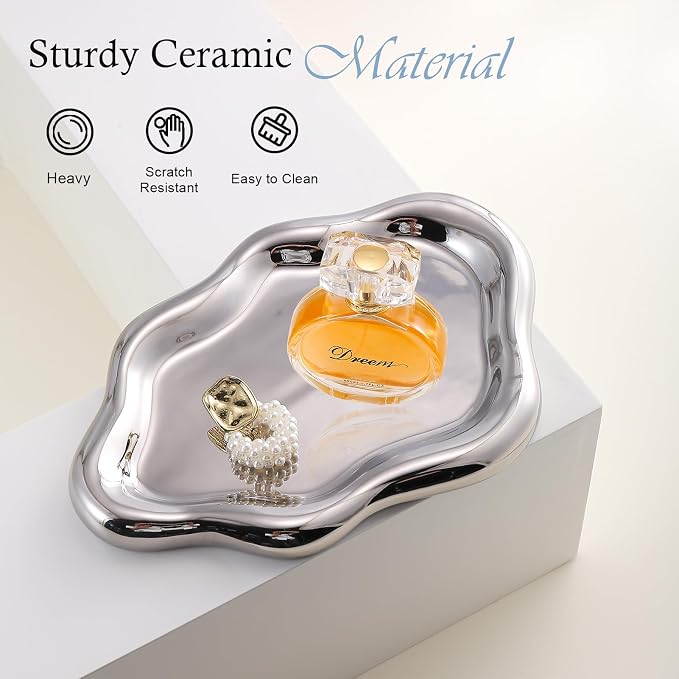 CCINPPY Ceramic Cloud Jewelry Tray Trinket Dish Key Bowl Nightstand Decor | Decorative Small Desk Tray Jewelry Plate Key Holder Bowl Cute Bedroom Room Decor Aesthetic, Gift for Women, Silver Large - Image 5