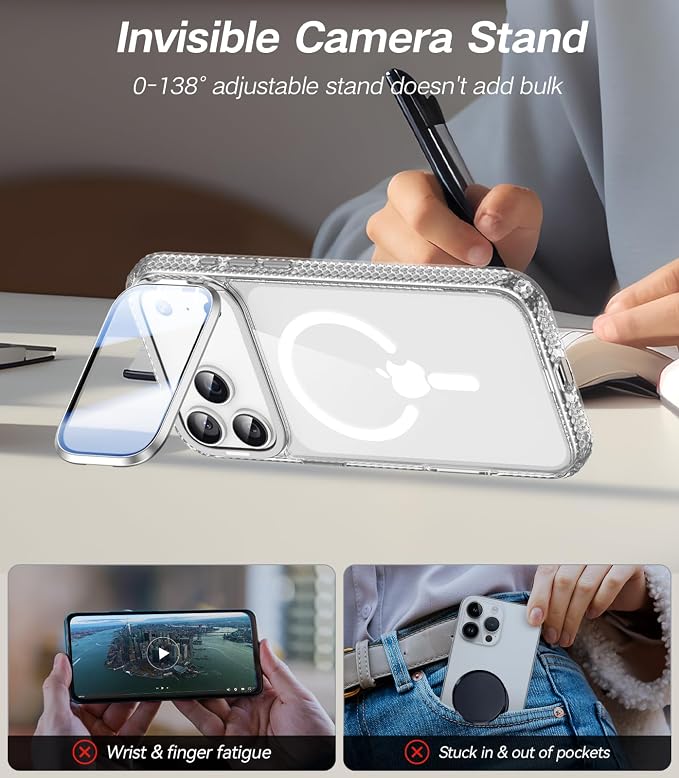 VOFATA [Upgraded Full Camera Protection] for iPhone 17 Pro Case with Camera Cover Stand [Fit for MagSafe][10FT Mil-Grade Protection] Transparent Magnetic iPhone 17 Pro Phone Case, Clear - Image 4