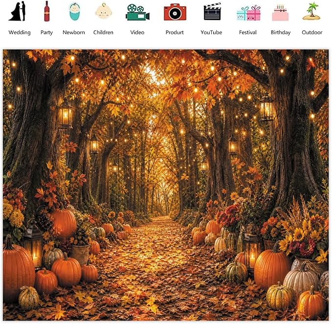 Fall Autumn Forest Photography Backdrop 8x8ft Autumn Woodland Pumpkin Maple Leaves Background Fall Thanksgiving Orange Flowers Seasonal Party Decorations Banner Vinyl - Image 2