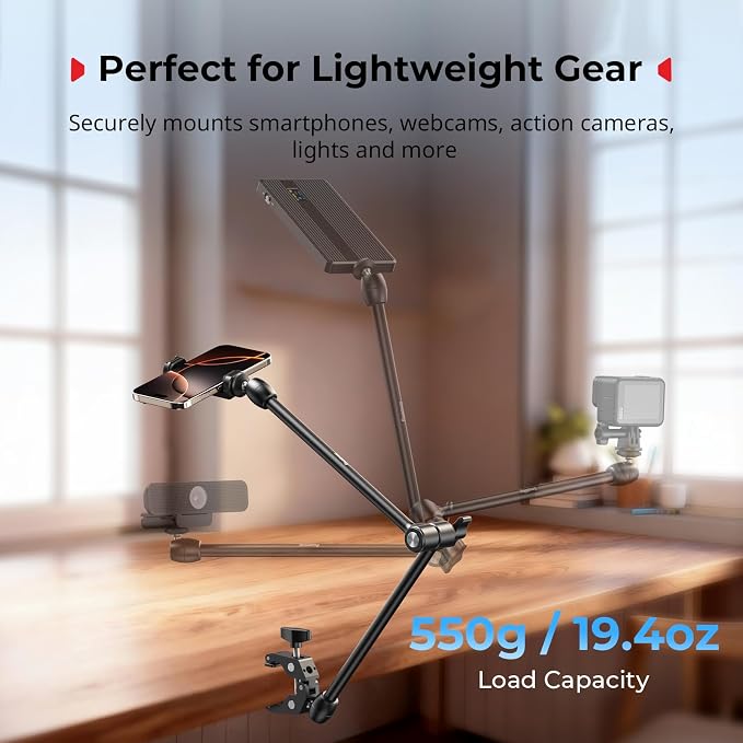 SMALLRIG Desktop Magic Arm Support with Crab-Shaped Clamp Kit, Aluminum Alloy, 24.3x4.5x1.1 in, 0.6lb Payload, for Smartphones, Webcams, Action Cameras, 5624 - Image 2