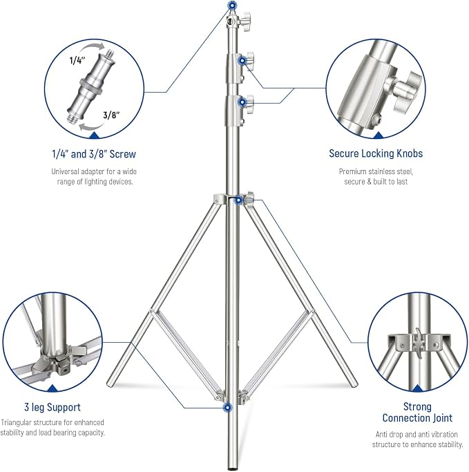 NEEWER 2Pcs 9.2ft Stainless Steel Light Stands, Spring Cushioned Heavy Duty Photography Tripod Stand with 1/4"-3/8" Adapter for Strobe Video Ring Light Monolight Softbox, 22lb Max Load, ST-280SS - Image 5