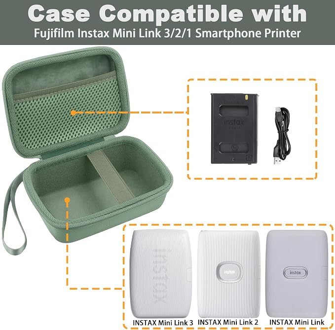 Hard Travel Case for Fujifilm Instax Mini Link+ & Link 3/2 Printer | Shockproof, With Handle, Hard Shell Exterior, Storage Compartment, Portable Carrying Box, Sage Green Case - Image 5