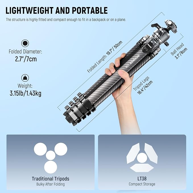 NEEWER LITETRIP LT38 61" Travel Camera Tripod, Carbon Fiber Portable Stand, 360° Pan Tilt Ball Head, Center Axis, Arca Type QR Plate Compatible with Clip V3, Max Load 22 lb, Cleaning Cloth - Image 2